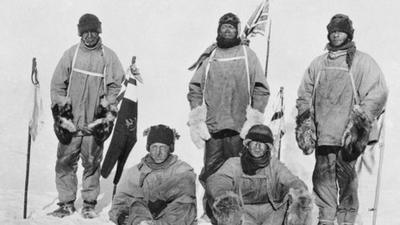 Captain Lawrence Oates (far left), Captain Robert Falcon Scott (standing centre), Petty Officer Edgar Evans (far right), Lieutenant Henry Bowers (seated left) and Edward Wilson (seated right)