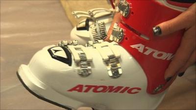 Chemmy Alcott tries on her ski boot