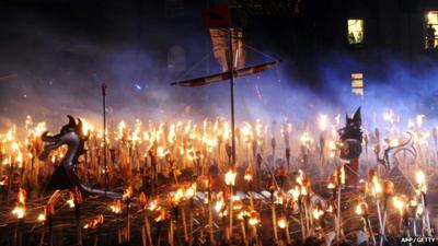The Viking ship about to go up in flames