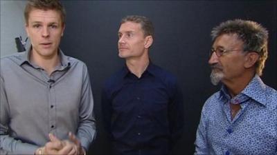 BBC F1 presenter Jake Humphrey with pundits David Coulthard and Eddie Jordan