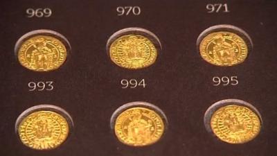Gold coins on display in Poland
