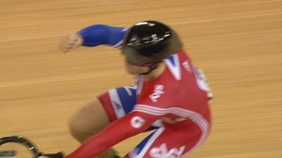 Sir Chris Hoy celebrates winning team sprint bronze at the Track World Cup