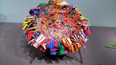 A chair made out of erasers
