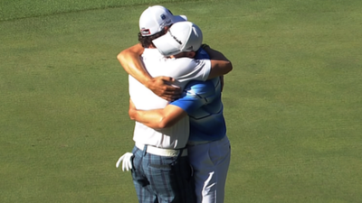 Sergio Garcia and Rory McIlroy share a hug at the Masters