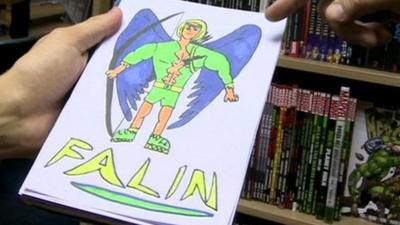 Joe's drawing of a superhero he invented called Falin