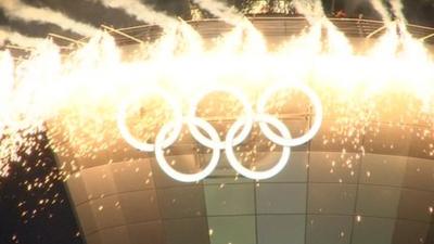 Olympic rings displayed on Birmingham Airport's air traffic control tower