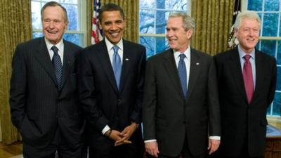 Presidents Obama, Clinton, George W Bush, and George H W Bush