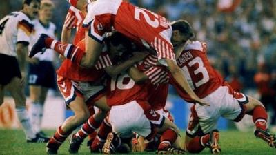 Denmark celebrate Kim Vilfort's goal in the Euro 1992 final against Germany