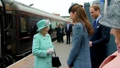 The Queen is greeted in Nottingham by the Duke and Duchess of Cambridge