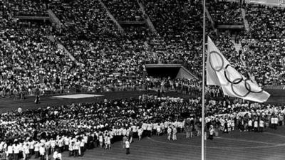 Olympic flag at half mast, Munich 1972