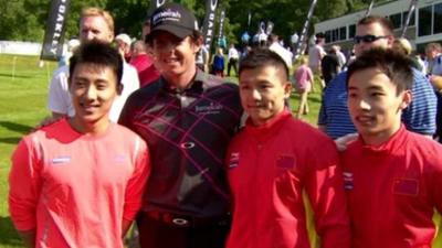 Rory McIlroy met members of the Chinese gymnastics team at his home golf club in Holywood