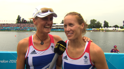 Great Britain's Helen Glover and Heather Stanning celebrate winning GB's first Olympic Gold medal of London 2012