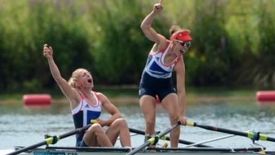 GB's Sophie Hosking and Katherine Copeland celebrate after winning the gold medal