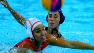 Francesca Snell of Great Britain in action with Anna Espar Llaquet of Spain