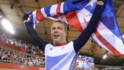 Chris Hoy celebrates his sixth Olympic gold medal