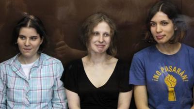 Pussy Riot defendants, from left to right, Yekaterina Samutsevich, Maria Alyokhina and Nadezhda Tolokonnikova