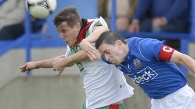 Match action from Glenavon against Glentoran