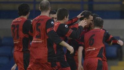 Dungannon Swifts players celebrate Sean Friars goal against