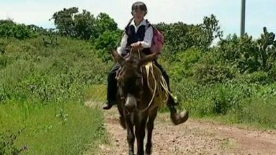 Mexican schoolgirl on a donkey