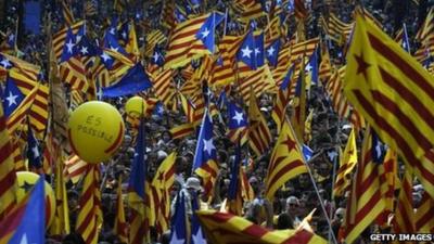 Flags of Catalan independence at the rally in Barcelona 11 September 2012