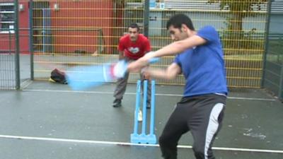 members of the team playing cricket