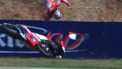 Nicky Hayden crashes into a wall at the Aragon MotoGP