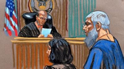 Courtroom sketch of Abu Hamza al-Masri before US Magistrate Judge Frank Maas