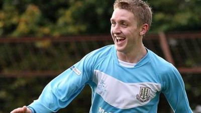 Alan Teggart celebrates scoring the winning goal against Glenavon