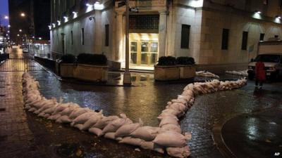 Sandbags outside New York Stock Exchange. 29 Oct 2012