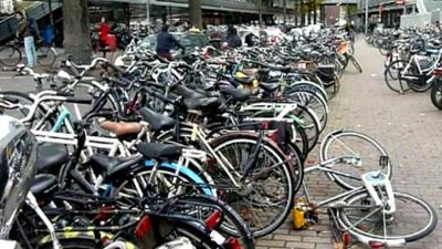 Bicycles lined up in the street