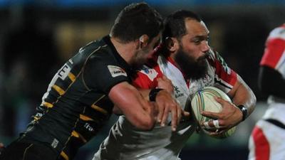 Ulster prop John Afoa battles with Calum Clark in Friday's Heineken Cup game