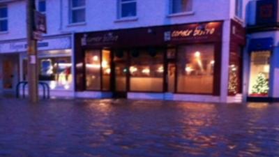 Flood water outside the Corner Bistro, Braunton