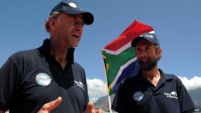 Explorers Sir Ranulph Fiennes and Anton Bowring on January 6, 2013 in Cape Town