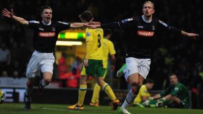 Luton's Scott Rendell celebrates his goal against Norwich