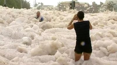 A town covered in foam