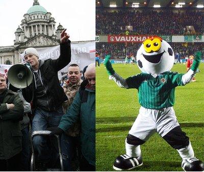 Jamie Bryson made a brief appearance as the official mascot for the Northern Ireland football team