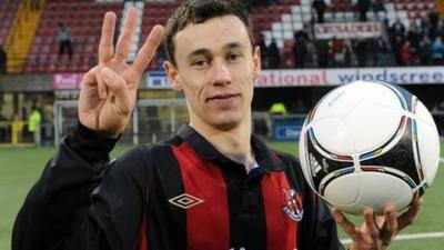 Paul Heatley celebrates scoring a hat-trick against Glenavon