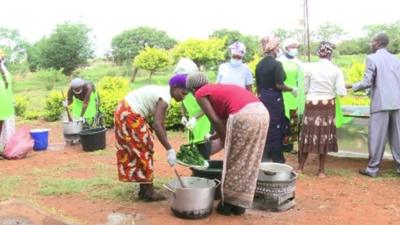 Farmers in Zambia drying and preparing vegetables