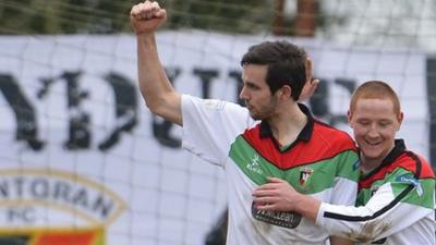 Glentoran's Andrew Waterworth celebrates his goal against Knockbreda