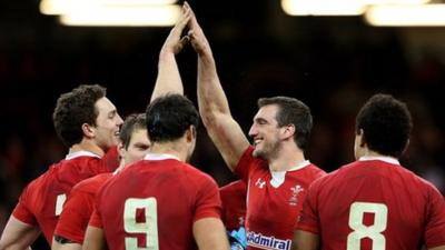 George North and Sam Warburton celebrate following their team's victory during the RBS Six Nations match