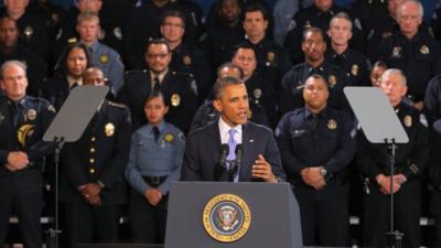 U.S. President Barack Obama addresses gun control issues during a speech at the Denver Police Academy