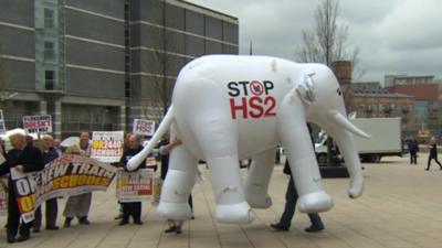 Protestors outside the HS2 meeting in Leeds