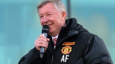 Sir Alex Ferguson addresses the crowds at Old Trafford