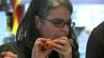 A member of the Vienna Vegetable Orchestra performs in Madrid