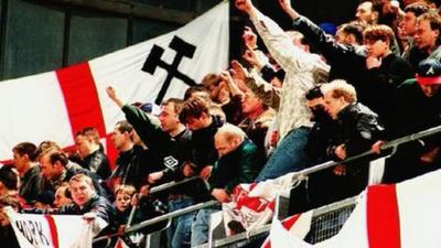 England fans during the friendly match between the Republic of Ireland and England at Lansdowne Road in 1995.