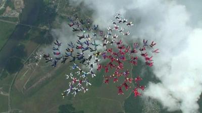 The skydivers in formation