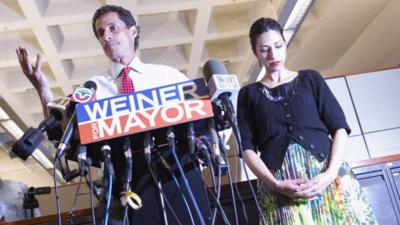 Anthony Weiner, a leading candidate for New York City mayor, and Huma Abedin at a press conference in New York City on 23 July 2013