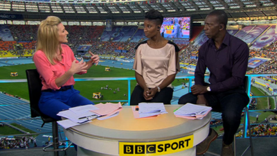 BBC Sport's Gabby Logan, Denise Lewis and Michael Johnson (L-R)