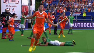 Netherlands men's hockey team celebrate a decisive goal