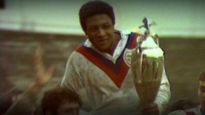 Clive Sullivan lifts Rugby League World Cup in 1972